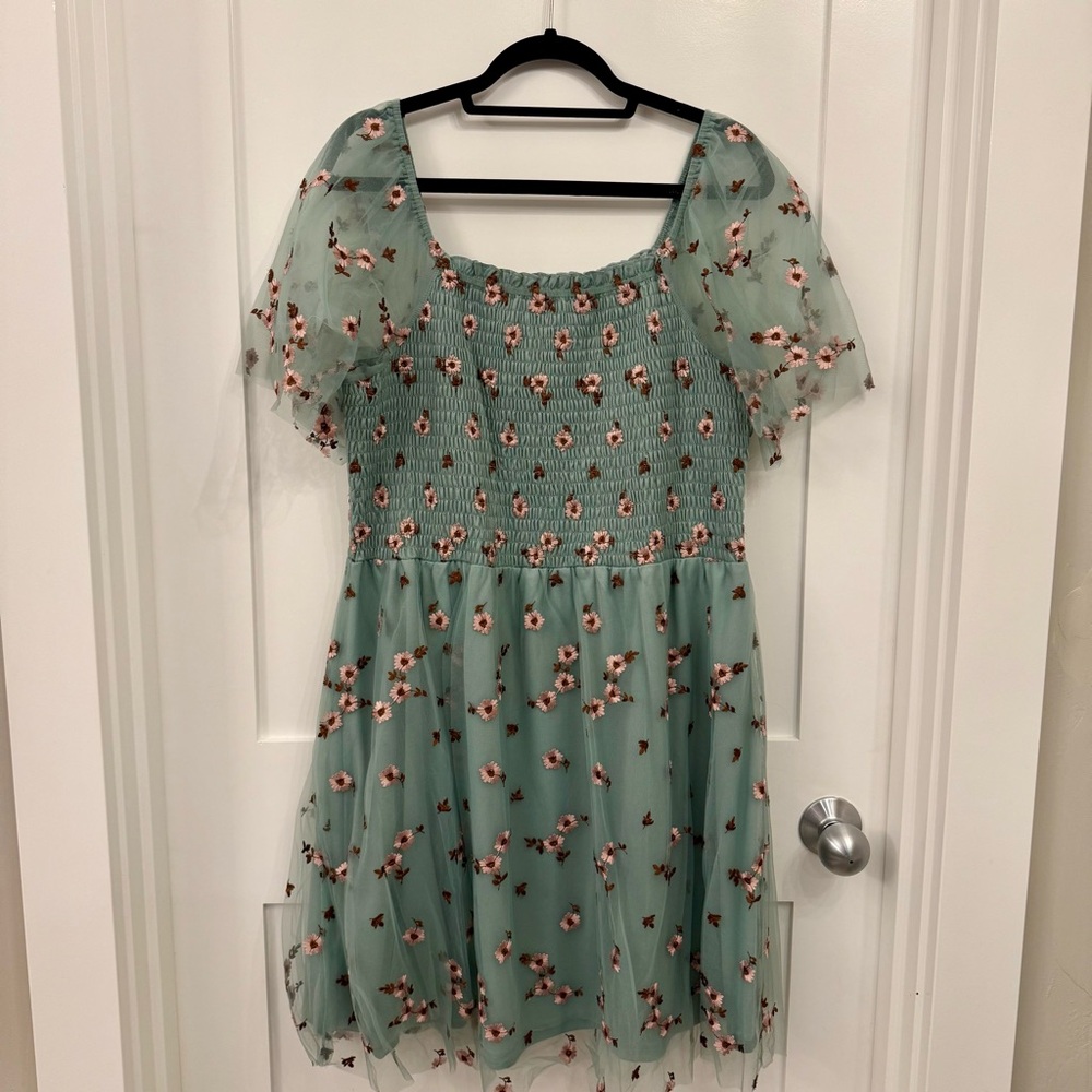 Baltic Born Tivoli Tulle Short Dress Sage and Pink Embroidered Floral Print 2XL